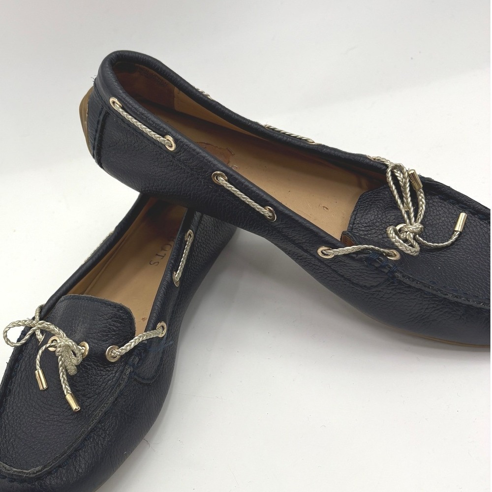 Talbots Womens Navy Pebbled Leather Driving Moccasins Loafers Size 6.5 Navy Gold